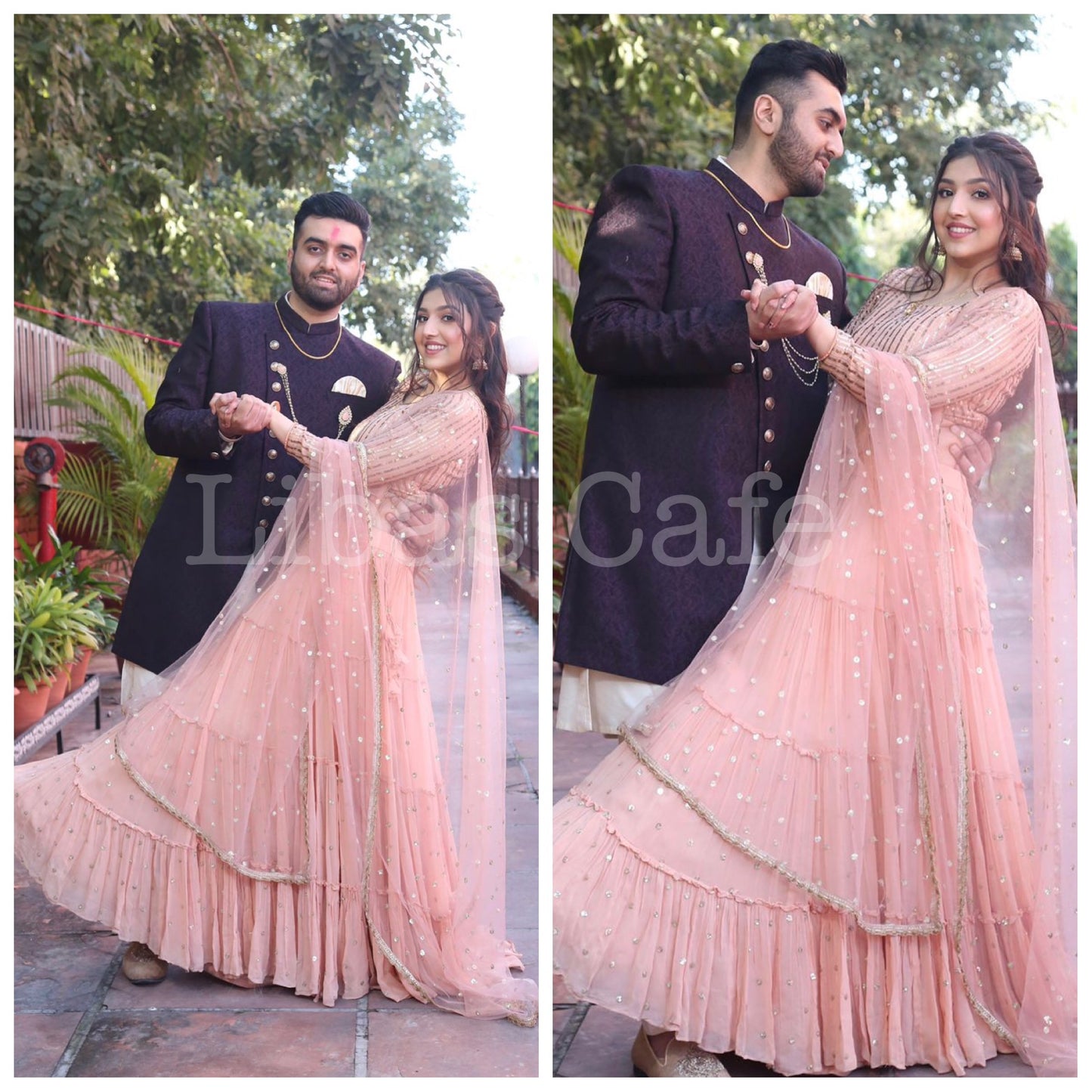 Client In Peachy Nude Gathered And Layered Lehenga