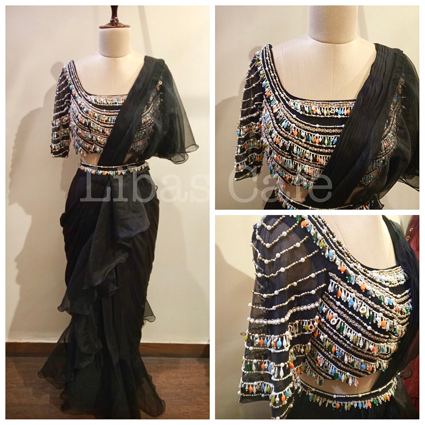Black Ruffle Belt Saree With Hanging Stones Embroidery
