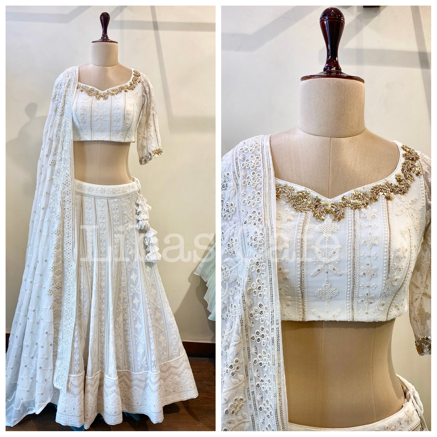 Ivory Lakhnavi Lehenga With Embroidered Neck