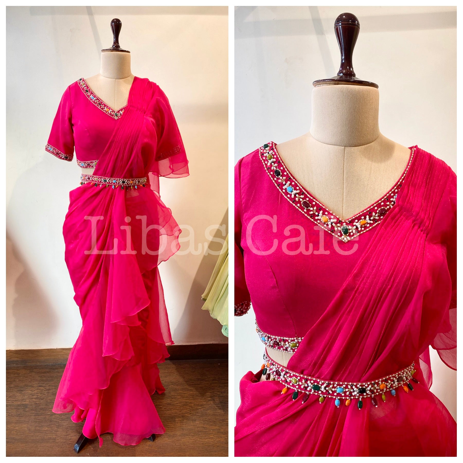 Black Ruffle Belt Saree With Hanging Stones Embroidery – LIBAS CAFE