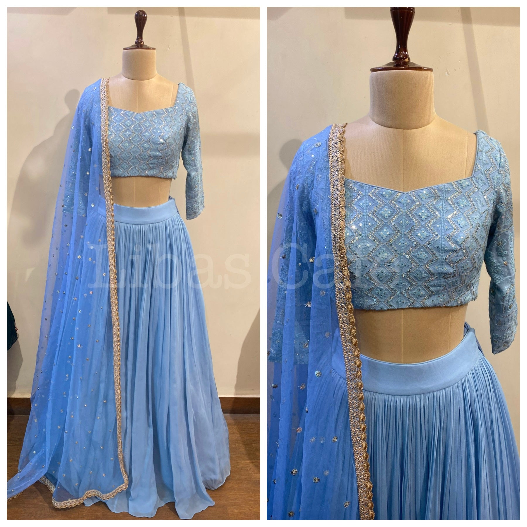 Powder Blue Lakhnavi Lehenga – LIBAS CAFE