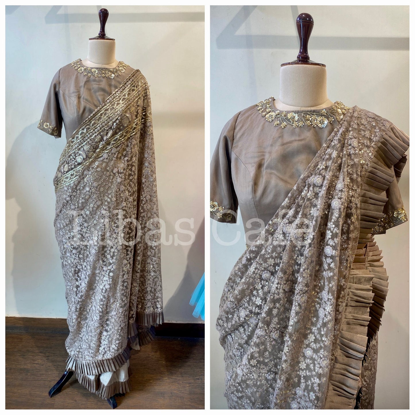 Olive Grey Thread Embroidered Pleated Border Saree