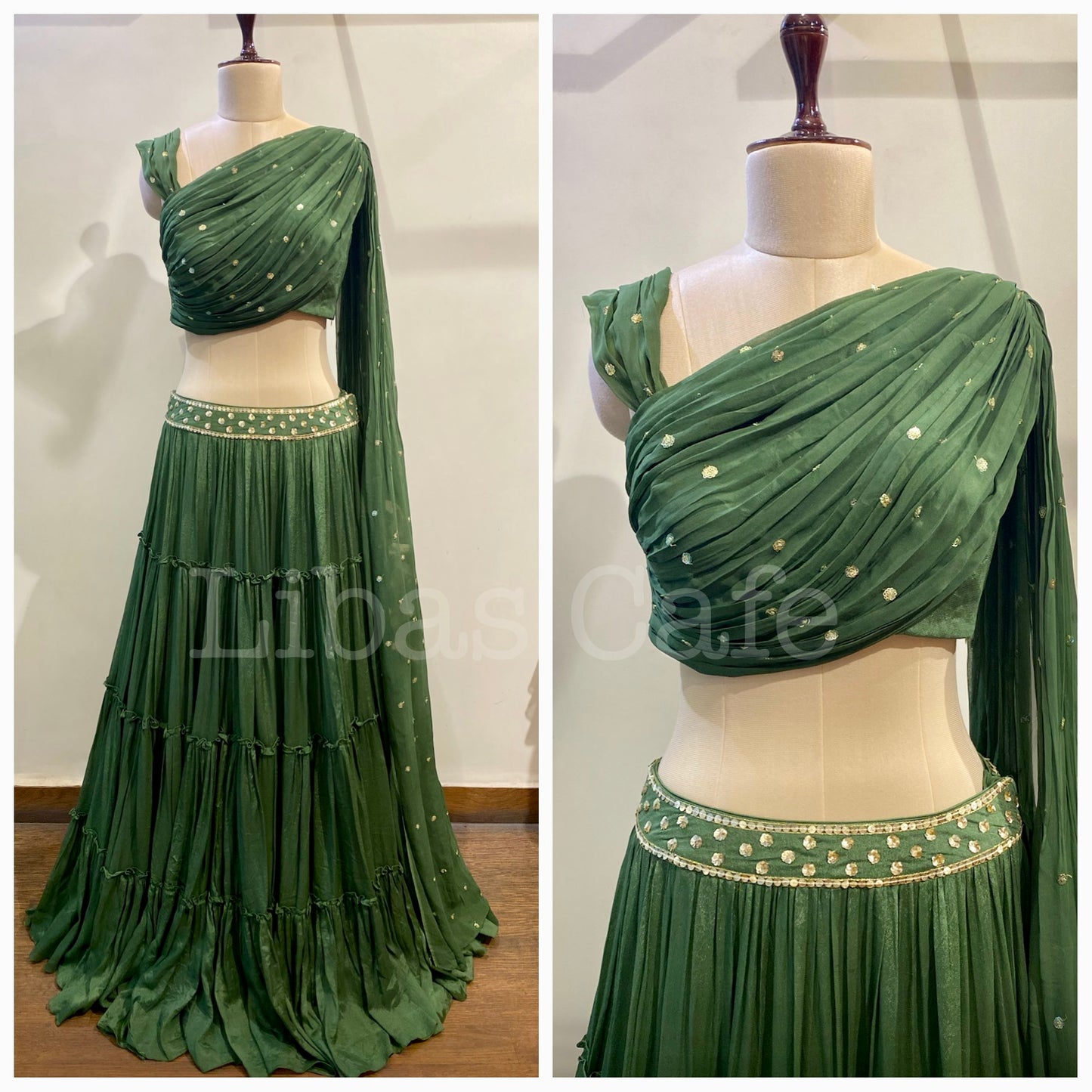 Henna Green Drape Blouse With Layered Lehenga