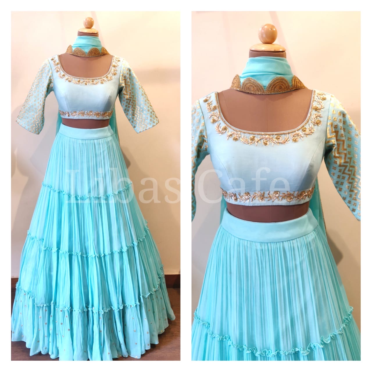 Sky Blue Gathered And Layered Lehenga