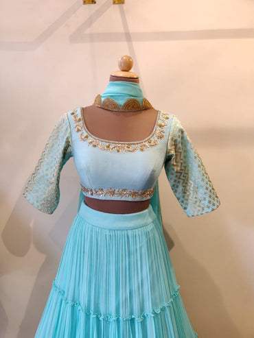 Sky Blue Gathered And Layered Lehenga