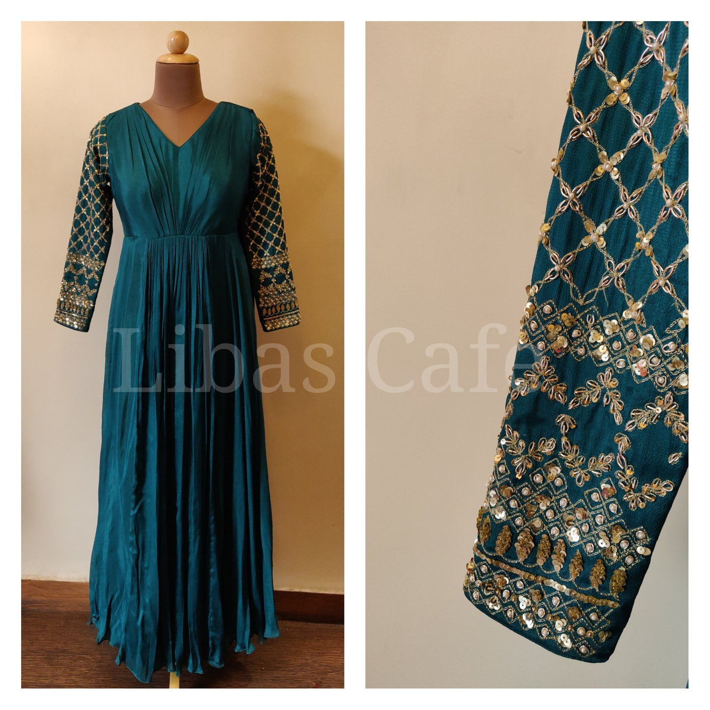 Teal Green Crepe Gown With Embroidered Sleeves