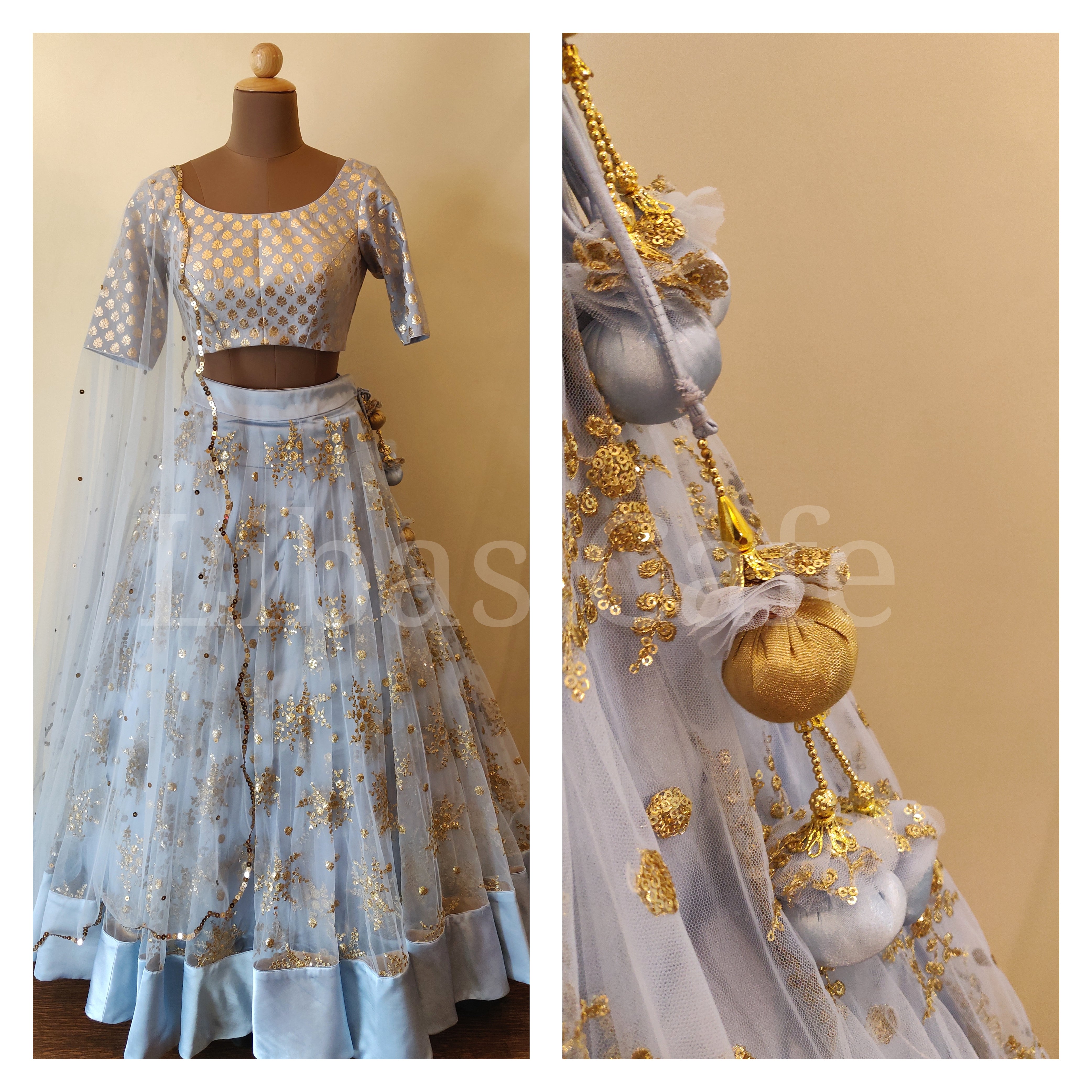 Powder Blue Chanderi And Net Lehenga – LIBAS CAFE by NIDHI & ASHISH