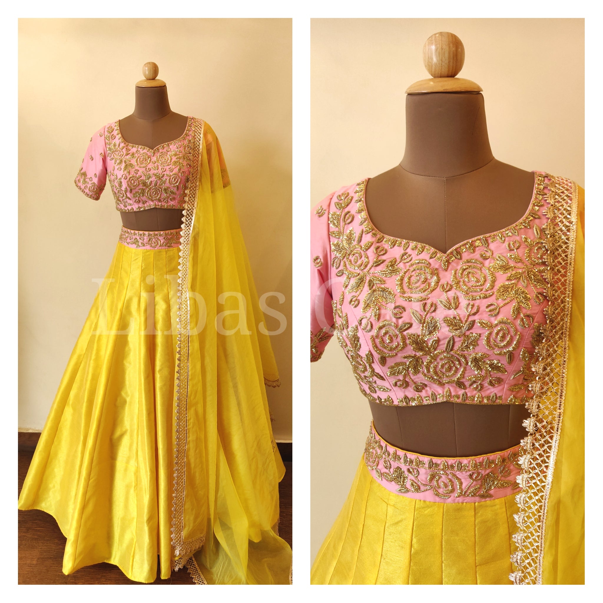 Pink Yellow Custom Embroidered Lehenga