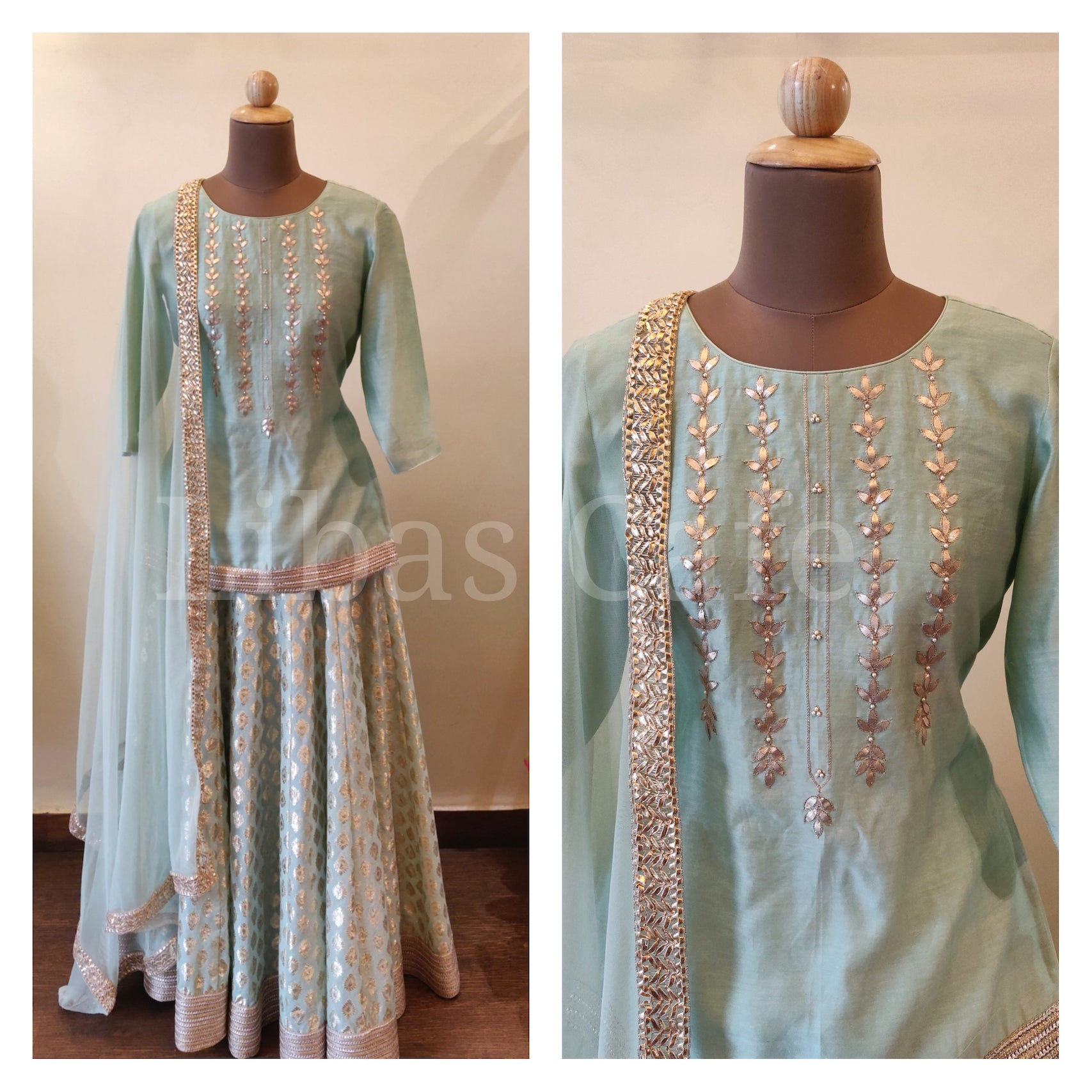 Pastel Green Chanderi Kurti In Gotta Patti Embroidery With Chanderi Motif Lehenga