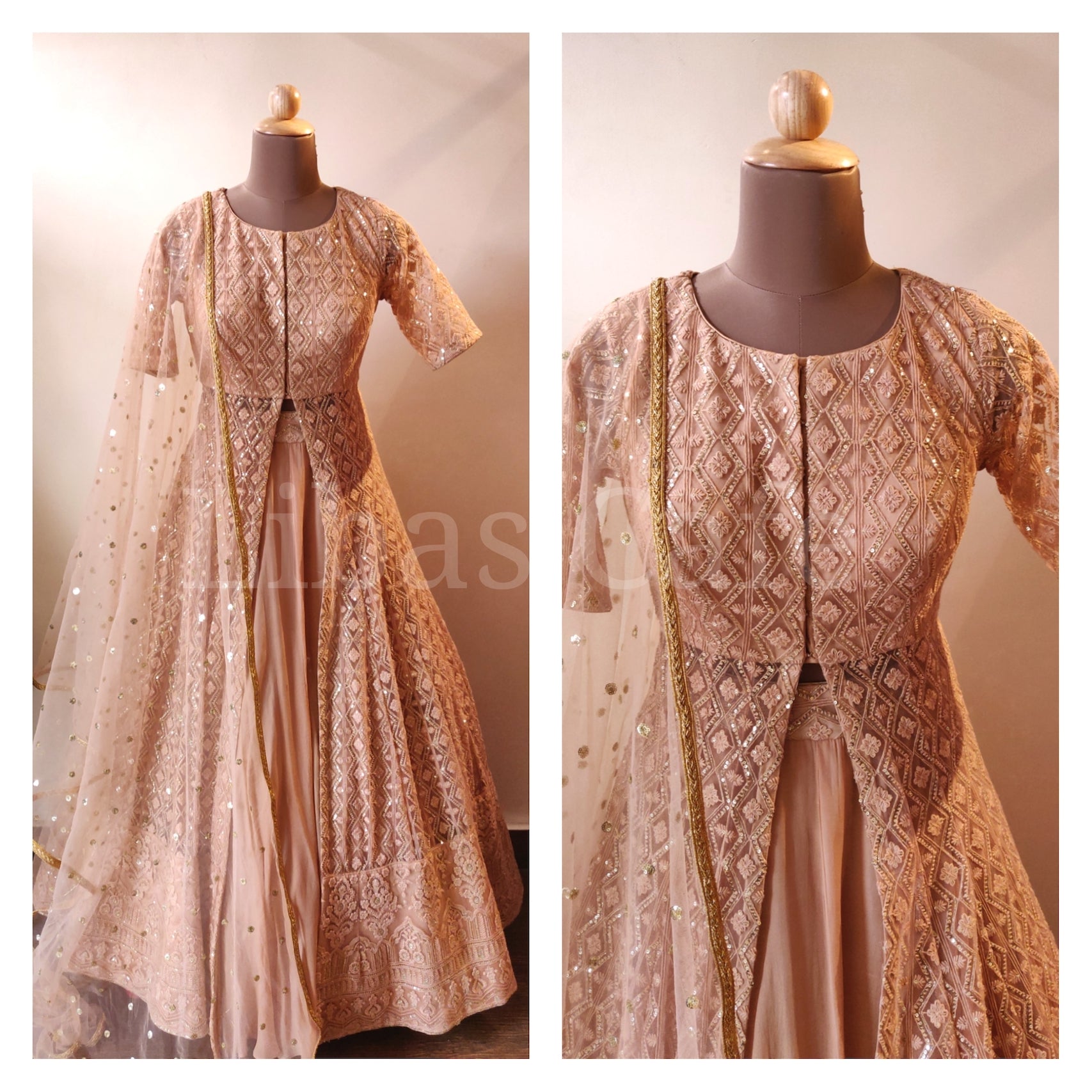 Beige Gold Lakhnavi Anarkali Jacket With Plain Lehenga