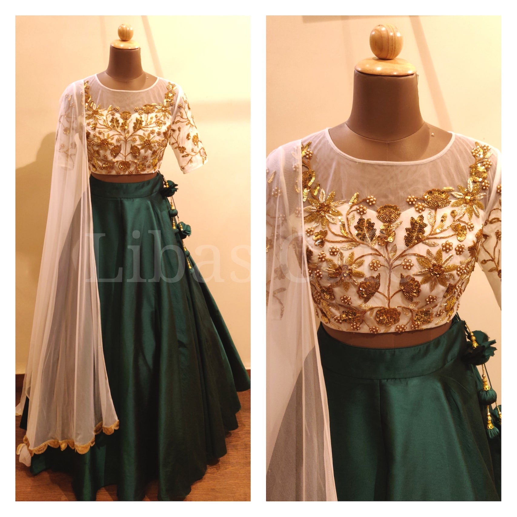 White And Bottle Green Lehenga