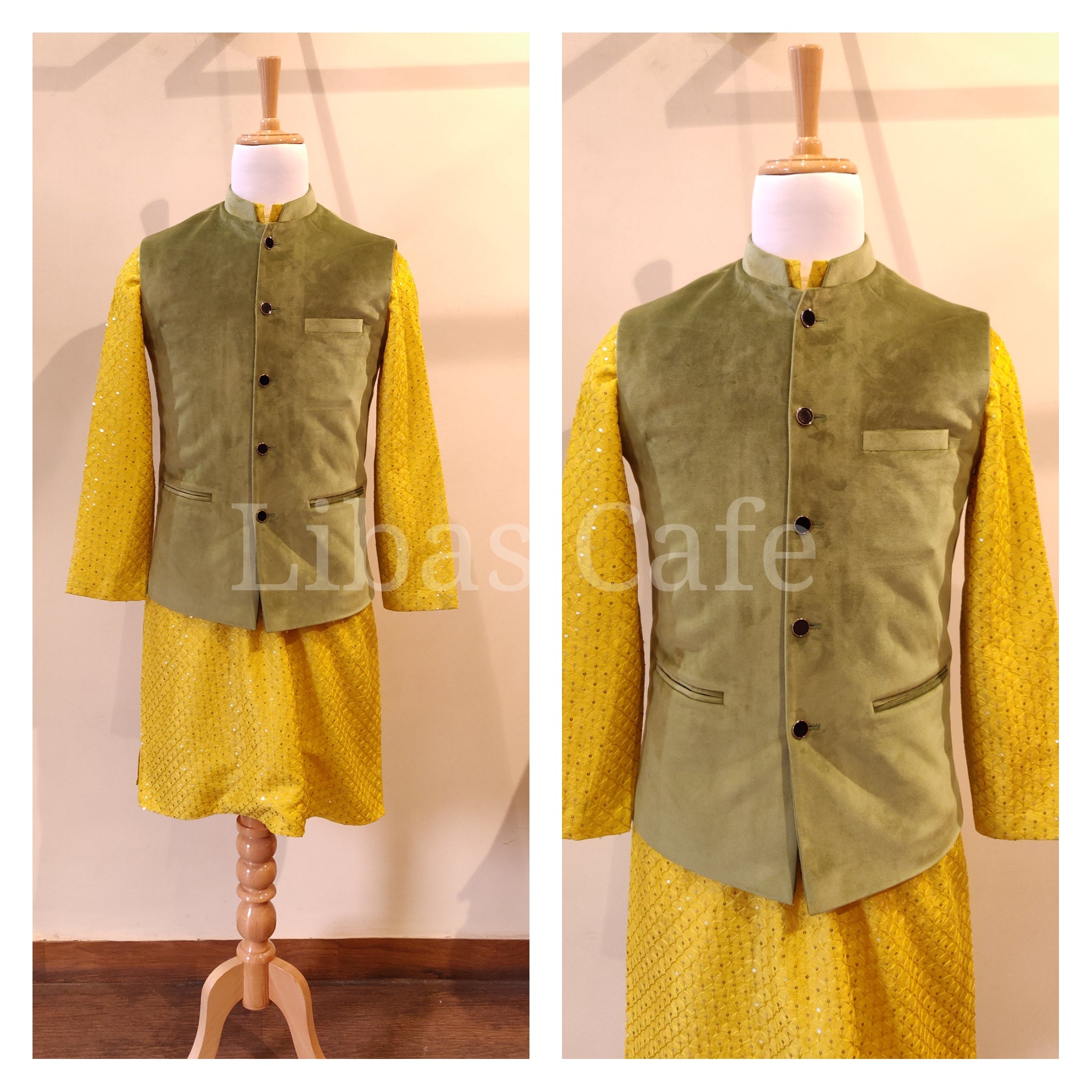 Olive Green Suede Nehru Jacket