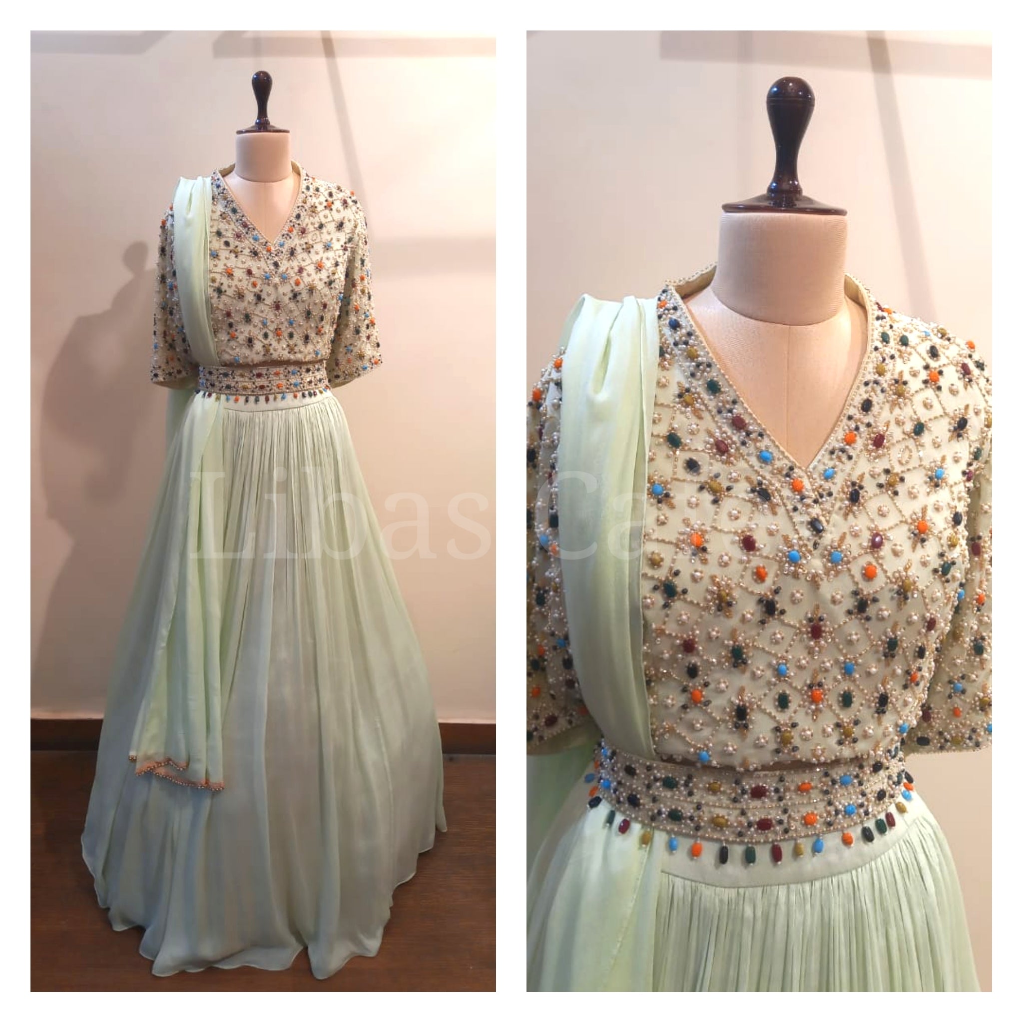 Pastel Green Stones Embroidered Lehenga