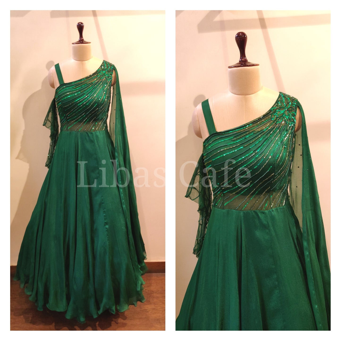Emerald Green Pearl One Shoulder Gown
